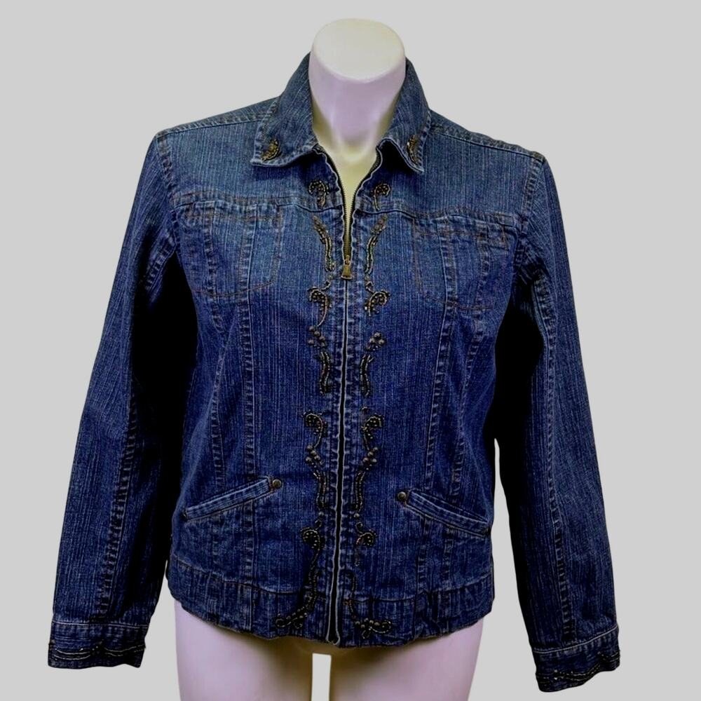 Amber Sun Denim Jacket  Beaded Embellished Jean Jacket Collared Zip Front Size L